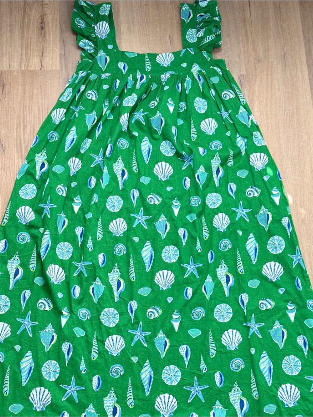 Printfresh Green Blue Seashell Print Ruffle Sleeveless Flowy Beach Maxi Dress